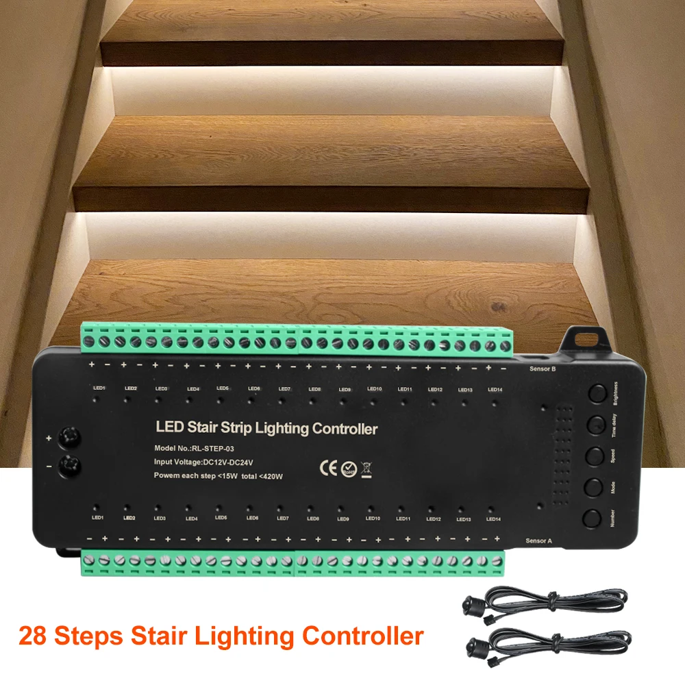 LED Stair Step Motion Sensor Light 28 Way Controller Dimming Indoor Motion Night Light Stair Controller 12V/24V Home Lighting