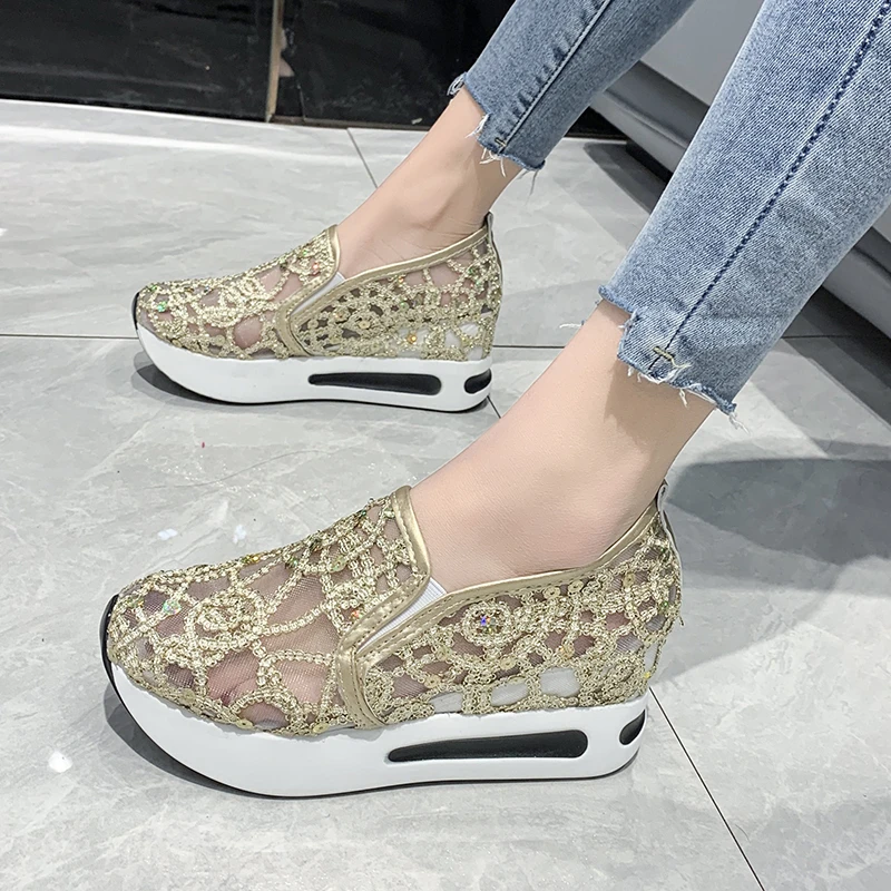 Women's Summer Lefu Shoes Korean Edition Lace Mesh Small White Shoes Casual Fit High Heel Elevated Vulcanized Women's Shoes