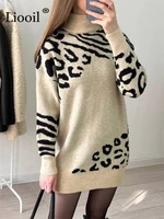 liooil sexy leopard print turtleneck baggy sweaters women pullovers warm jumpers streetwear long sleeve knit tops loose sweaters