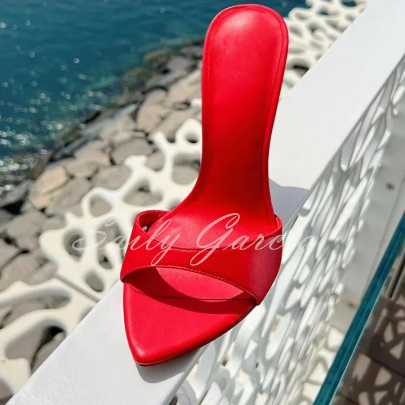 Red Pointed Toe Stiletto Heel Slippers Sexy Solid Slip-on Thin High Heel Sandals Women Dress Shoes Green Outdoor Size 46