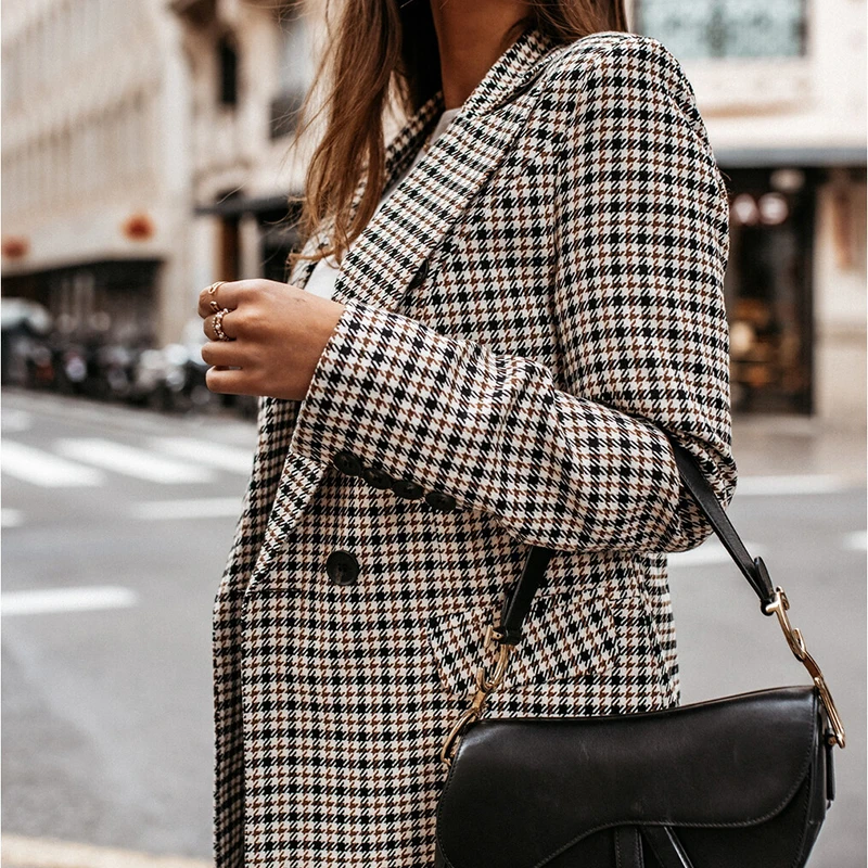 Fall 2023 Long-sleeved Fashion Plaid Suit Collar Double-breasted Slim Slimming Suit Temperament Commuter Jacket Women's Clothing