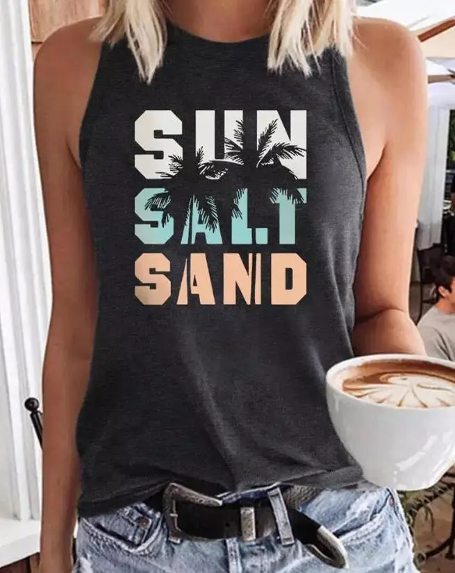 Summer Tops Women's Clothes 2023 New Fashion Streetwear Sun Salt Sand Coconut Tree Print Casual Sleeveless Tank Top