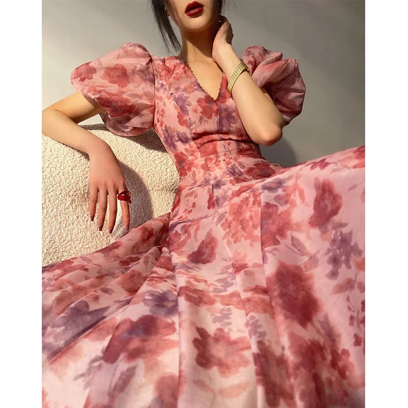

Женское винтажное шифоновое платье макси, Элегантное Длинное платье во французском стиле с цветочным принтом, коротким рукавом-фонариком и V-образным вырезом