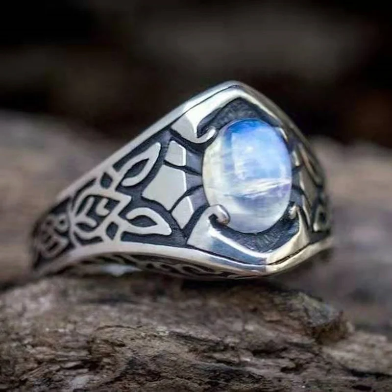 

Trendy Moonstone Ring Oval Opal Healing Crystal Rings For Men Boho Antique Silver Color Fine Jewelry Male Gifts
