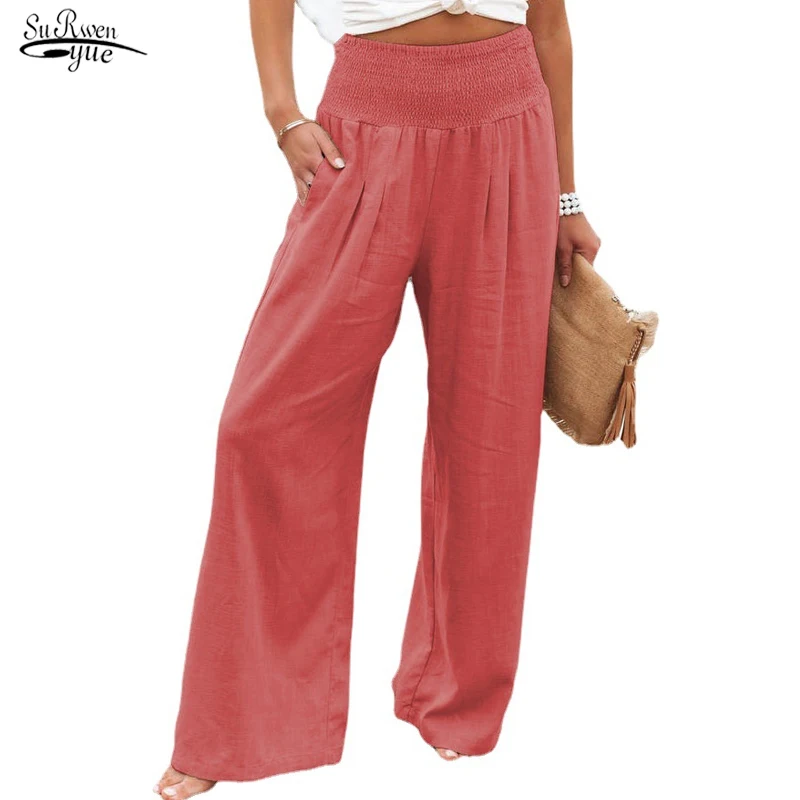 

Casual Pants Spring and Summer 2022 Women's Cotton and Linen Solid Color Pants Elastic Waist Wide Leg Pants Women's Pants 20076