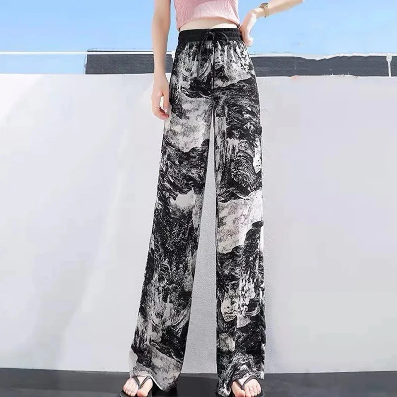 Брюки женские с принтом элегантные мешковатые Широкие штаны эластичным поясом