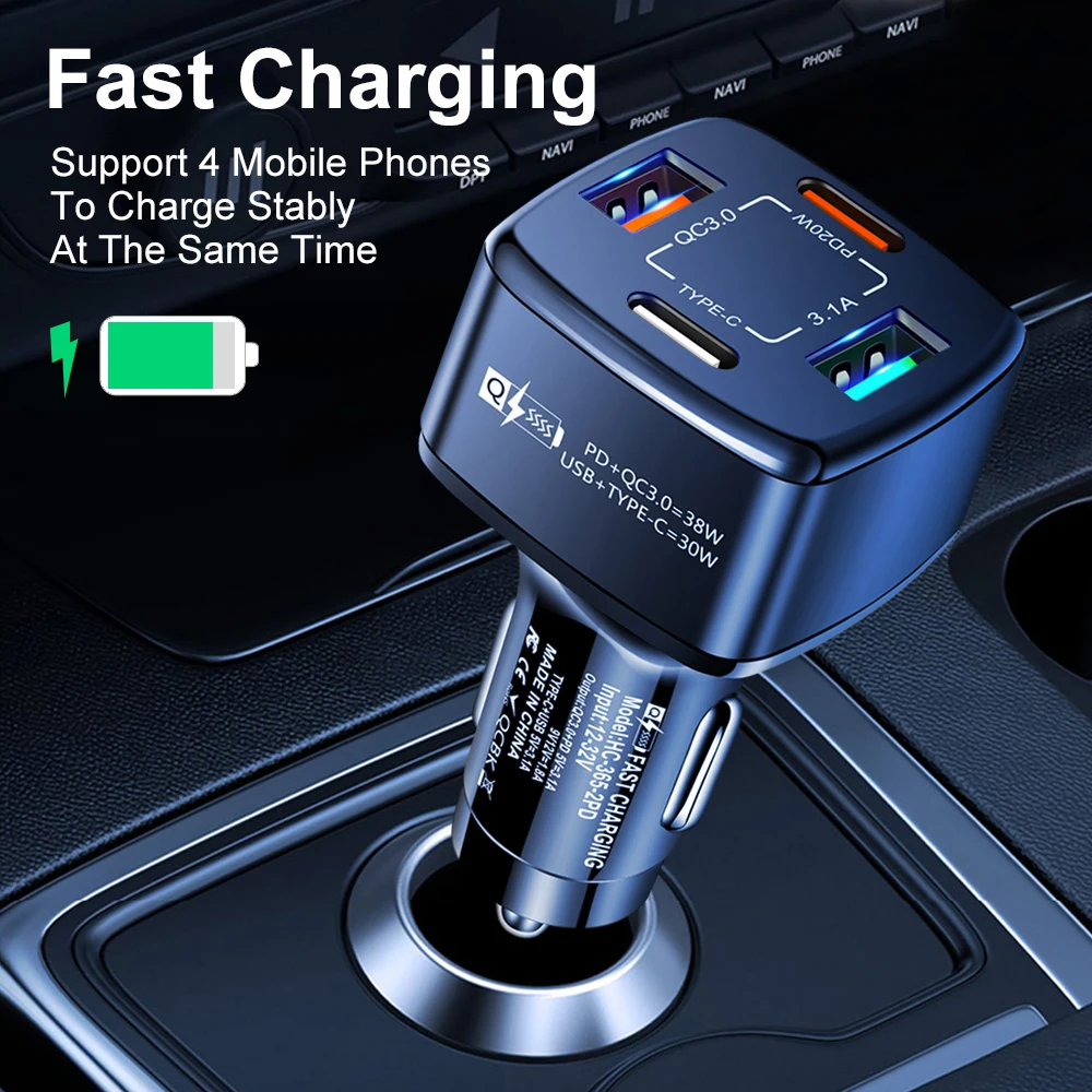 

4Ports Car Charger PD 20W USB A Type C QC 3.0 3.1A Fast Charger For iPad iPhone 13 Pro Max Xiaomi Mi 12 11 Oneplus 10 Poco X4 GT