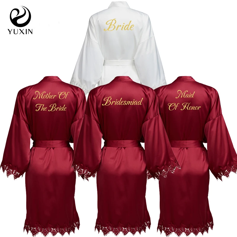 

bride robe Burgundy New Matt Satin Lace Robe with Trim Gown Bridal Wedding Bride Robes Bridesmaid Kimono Robe Bridal Robes