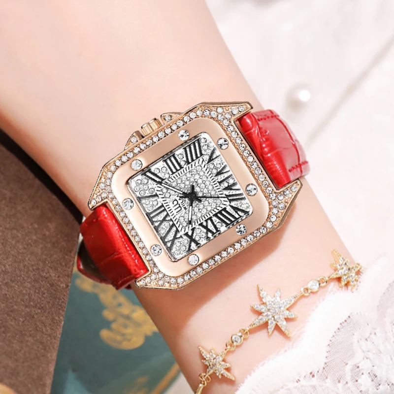 Enlarge 2022 Fashion Women Wrist Watch Red Leather Diamond watch Minimalist Ladies Quartz Dress Wristwatch Relogio Feminino