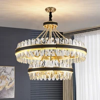 postmodern luxury leather crystal chandelier golden luster living room bedroom pendant light cafe dining round led hanging lamps