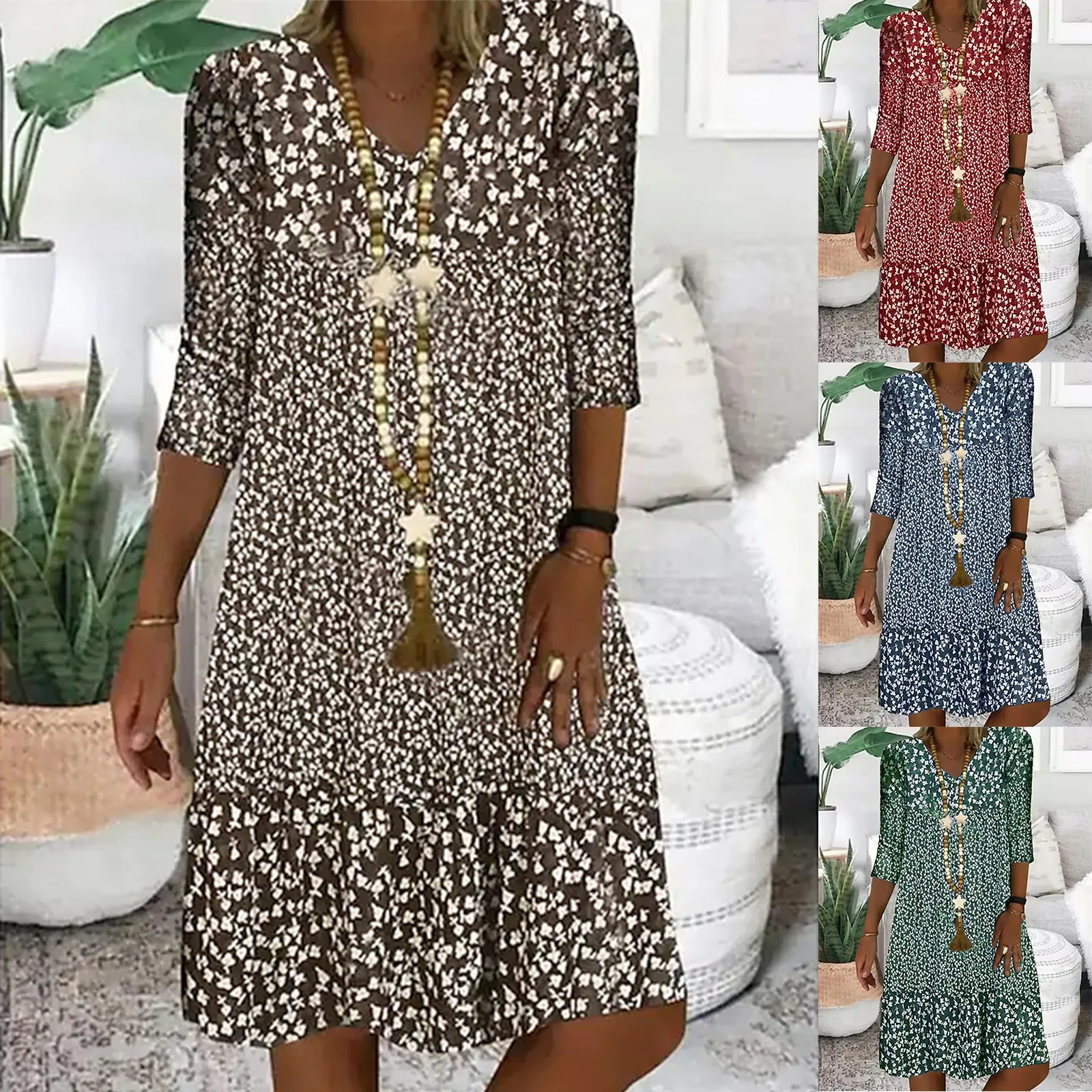 

New Autumn Women Dress Oversized 5XL Vintage Boho Dot Print Casual Dress Fashion Three Quarter V-Neck Loose Midi Dress Vestidos