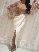 women elegant formal gown maxi dress female stylish long party dress beaded embellished mesh patchwork slit dress