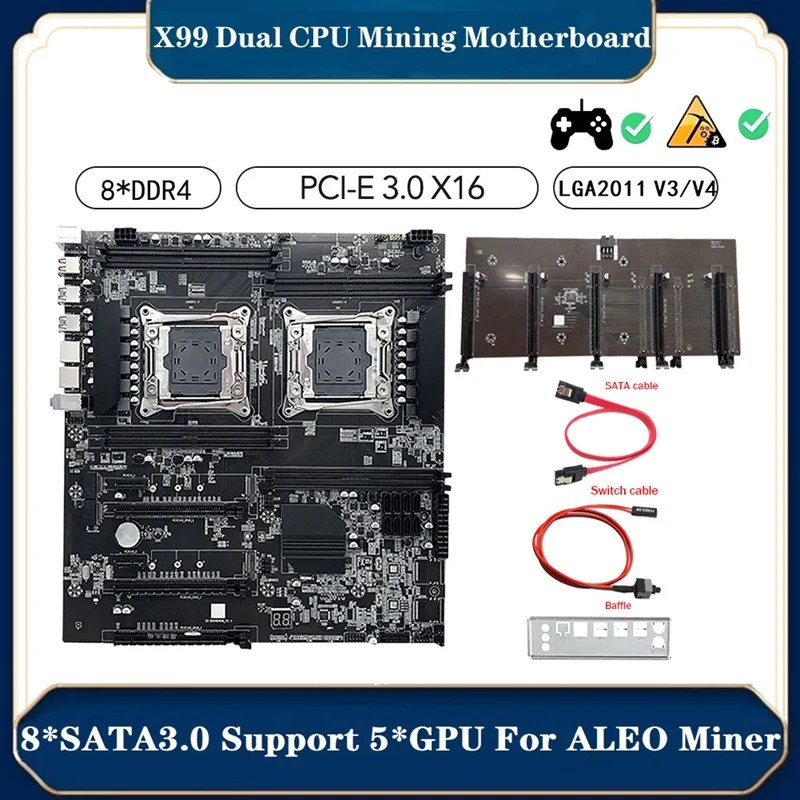 

X99 Dual Motherboard +Baffle+Switch Cable+SATA Cable Supports 5 GPU LGA2011 V3/V4 8XDDR4 RAM Slot PCIE 16X SATA3.0