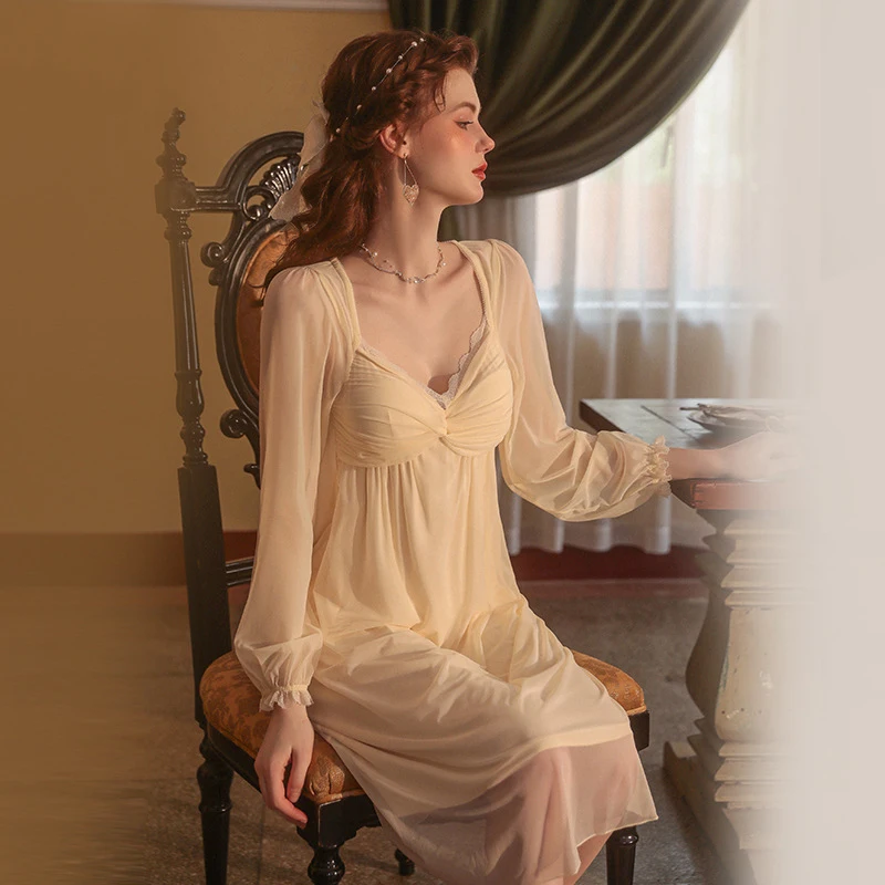 

Jxgarb кружевные шифоновые ночные рубашки до колен Прямая поставка женская элегантная прозрачная ночная рубашка с V-образным вырезом и длинны...