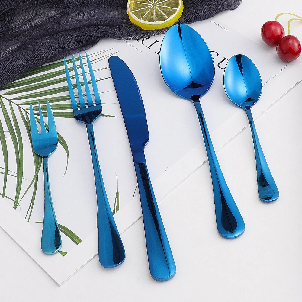 Blue Cutlery 30Pcs Mirror Forks Knives Spoons Tableware Set Stainless Steel Home Dinnerware Wedding Flatware Set Combination Set