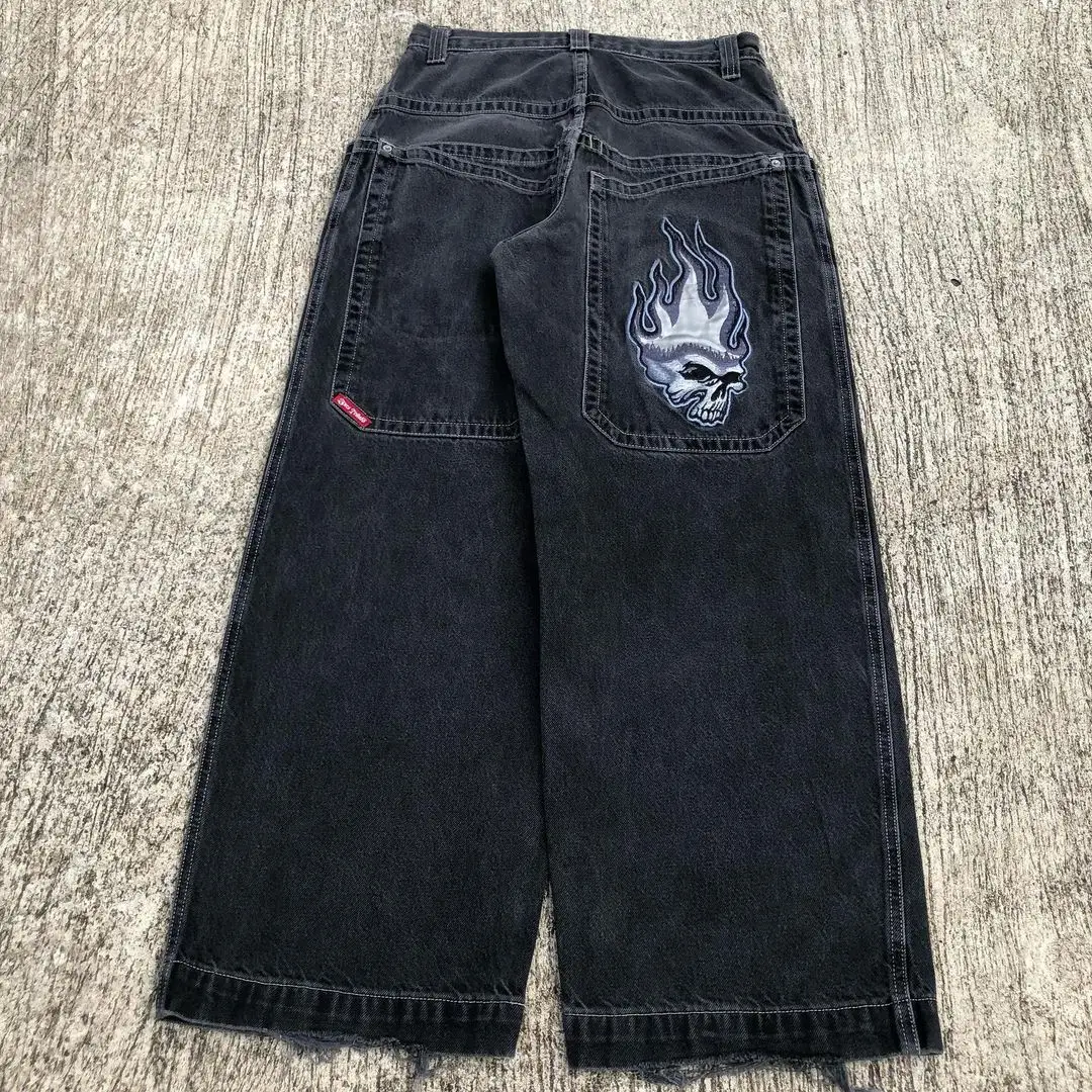 

New Skull Embroidered Jeans Men's Models Waist Gothic Street Hip-hop Style Straight Pants Casual Seven-point Wide Leg Pants