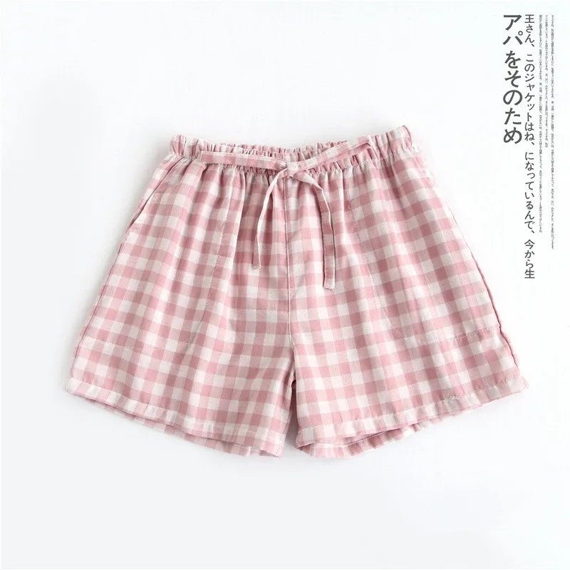 Japanese Summer Shorts Pajama Plaid Pants Women Fresh Multi-color Double-layer Cotton Gauze Thin Men's Loungewear Couple Pants