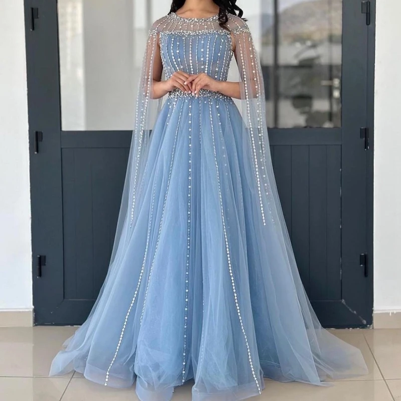 

Luxury Dubai Blue Evening Dress for Women Wedding Elegant O-Neck With Cape Beaded A-Line Arabic Formal Party Gowns