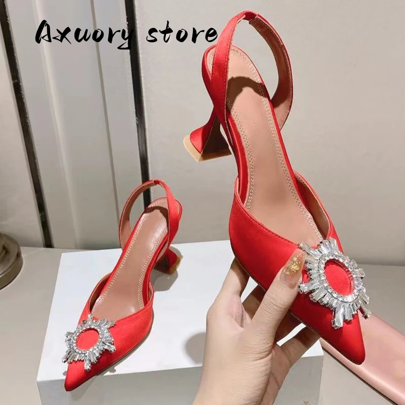 2023 New Women Sandals Summer High Heels Satin Luxury Rhinestone Sun Decoration Banquet Party Wedding Shoes