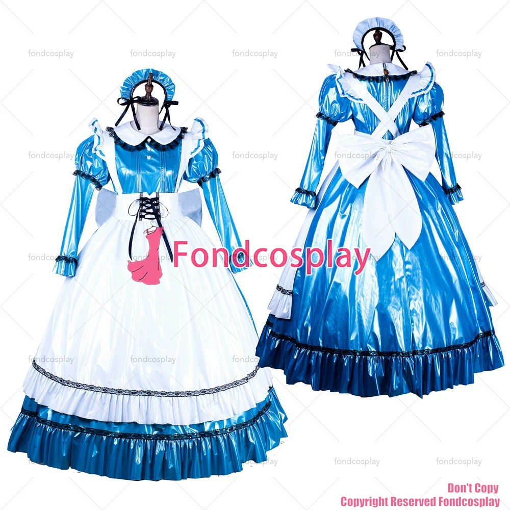 

Сексуальная одежда для взрослых с крестом fondcosplay, длинное фиксируемое синее тонкое платье из ПВХ, Униформа, белый фартук для CD/TV[G1752]