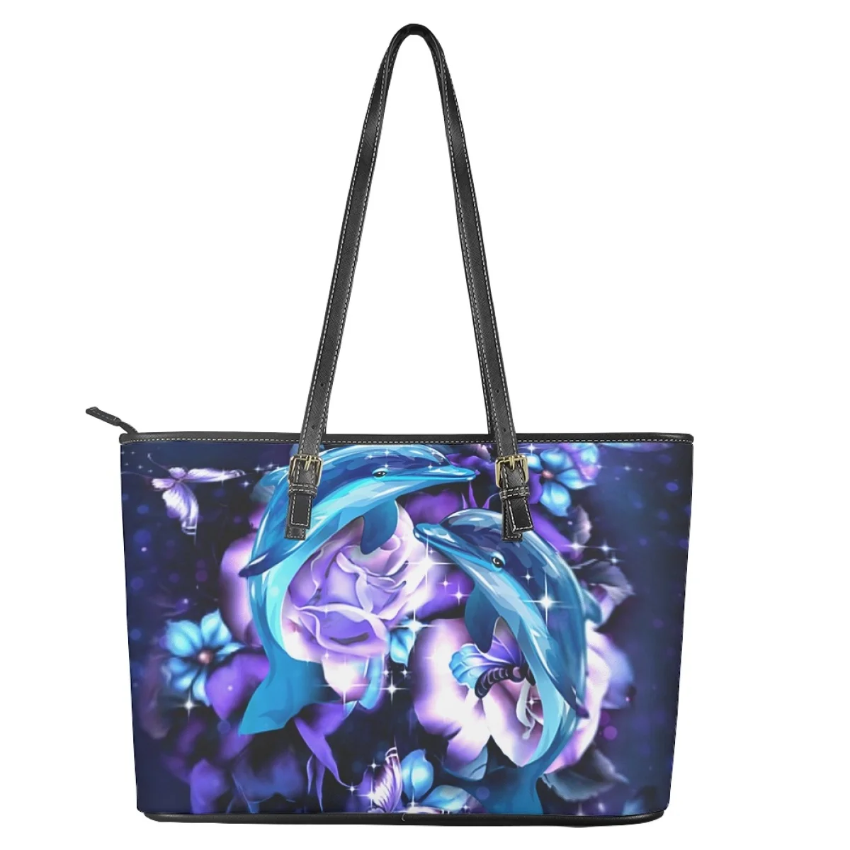 Blue Dolphin with Purple Rose Design Fashion Women Handbags Casual Large Capacity Shoulder Bag Totes for Female Girls Travel Bag