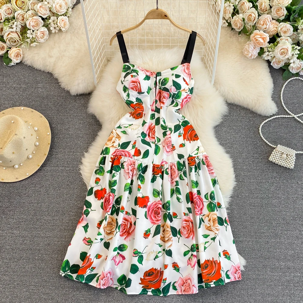 

Senior Sense Light Luxury Temperament Sweep Breast Concord Skirt Fashion High Waist Show Thin Sleeveless Printed Dress