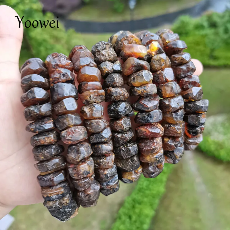 Yoowei 25g 36g Green Amber Bracelets for Gift Big Unique Irregular Plant Beads Good Resin Smell Natural Amber Healing Jewelry