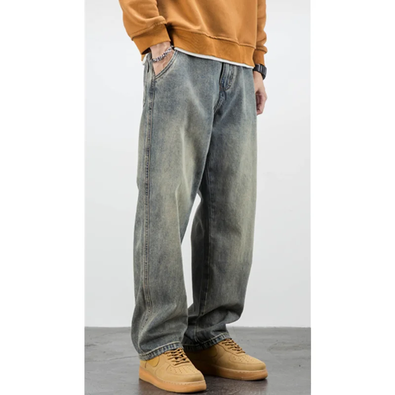 Streetwear Men 2022 New Casual Yellow Mud Dyed Jeans Straight for Men, Loose and Casual Vintage Sag Wide Leg Pants Autumn Female
