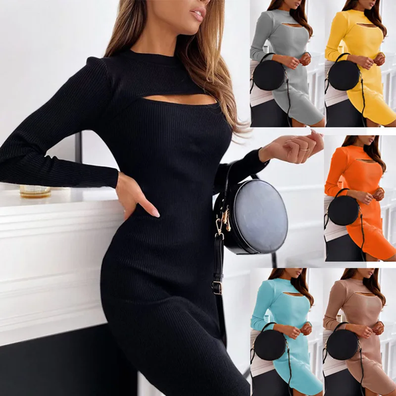 

Bikoles Spring Autumn O Neck Long Sleeve Slim Women's New Fashion Sexy Hollow Out Casual Solid Bodycon Package Hip Ladies Dress