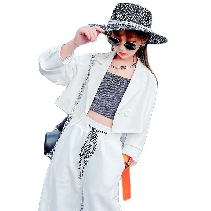 

Girls Clothing Set White Suit Short Casual Suit Jacket Knitted Crop Top Pants 3-Piece Set Kids Formal Dress Social Four Seasons