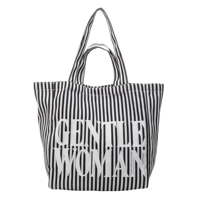 Холщовая сумка на плечо в красно-белую полоску женская с буквенным принтом