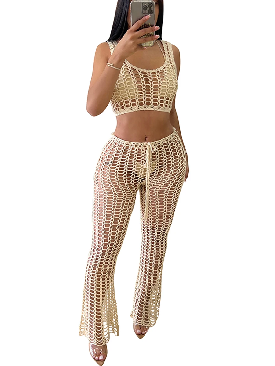 

Women Summer 2 Piece Crochet Outfit Sexy Hollow Pants Set Cropped Tops Bottom Trousers Beach Pants Suit