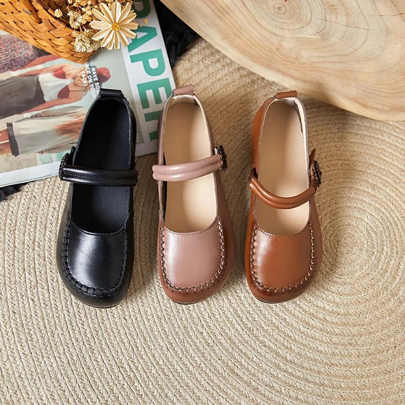 Genuine Leather Mary Janes Flats Women's Summer Loafer Japanese Girls School Uniform Shoes  Grandma Driving Shoes Harajuku Shoes