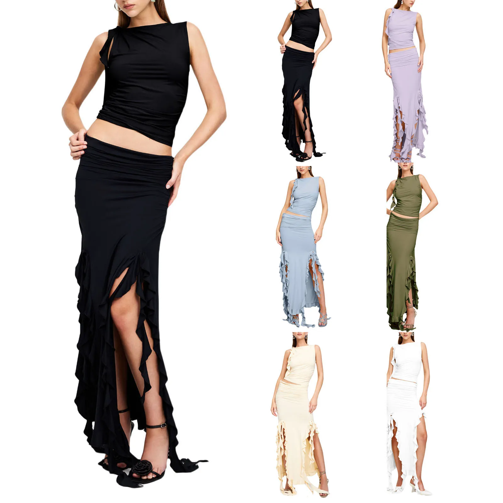 

Женский летний комплект из двух предметов, однотонная майка без рукавов с круглым вырезом и оборками + длинная юбка с низкой талией и разрезом