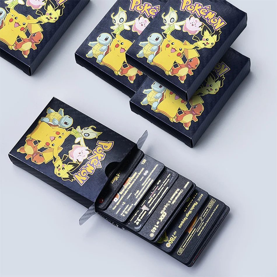 

54pcs Pokemon Gold Cards Box Golden Letters Spanish Playing Cards Metalicas Charizard Vmax Gx Collection Game Card Case Toy