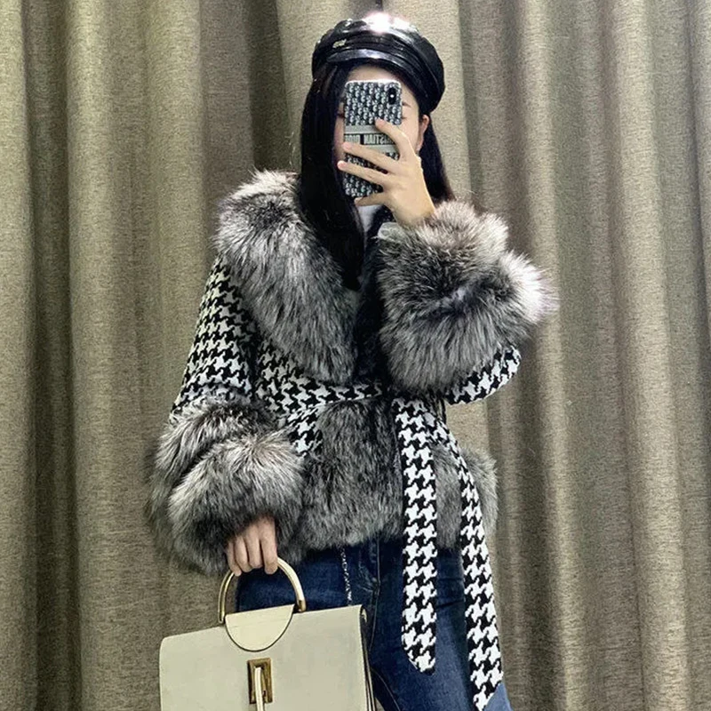 Fur Coat Female 2022 Autumn Winter New Fashion With a Thousand Bird Check Lace-up Furry Warm Silver Fox Fur Jacket Women