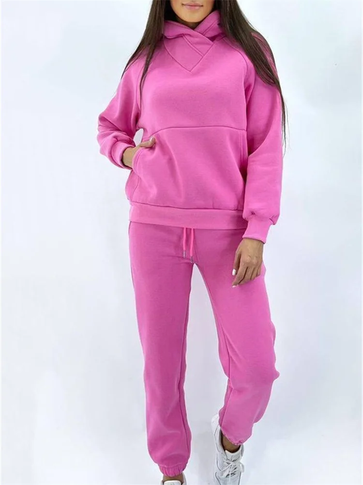 

Women's Hooded Loose Casual Top Two Piece Set 2023 Autumn Winter New Brushed Solid Women's Sweater Sports Set for Women