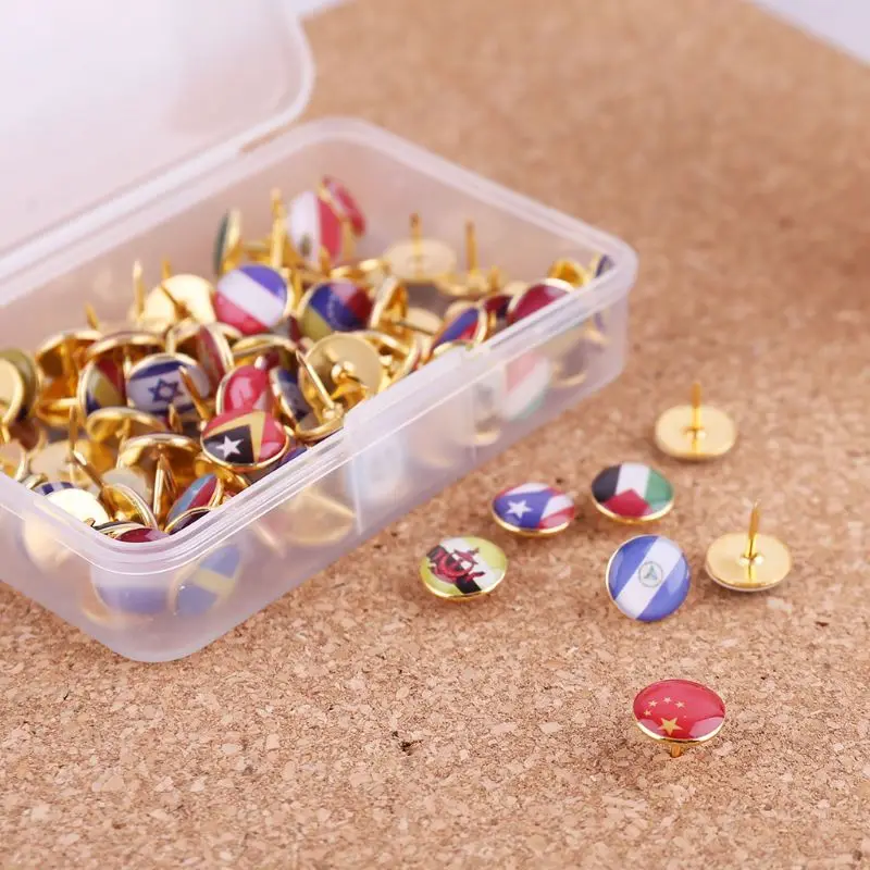 

New 194pcs/box Golden Thumbtack Map Tacks Push Pins National Flag Badges Glue Notice Board Markers With Flag Index 10x10 mm