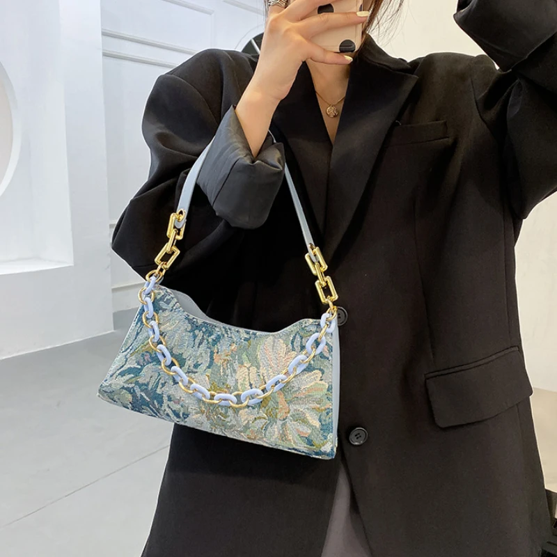 

Fashion Women Oil Painting Printed Shoulder Underarm Bag Casual Ladies Thick Chian Small Purse Handbags Retro Chain Tote Bag