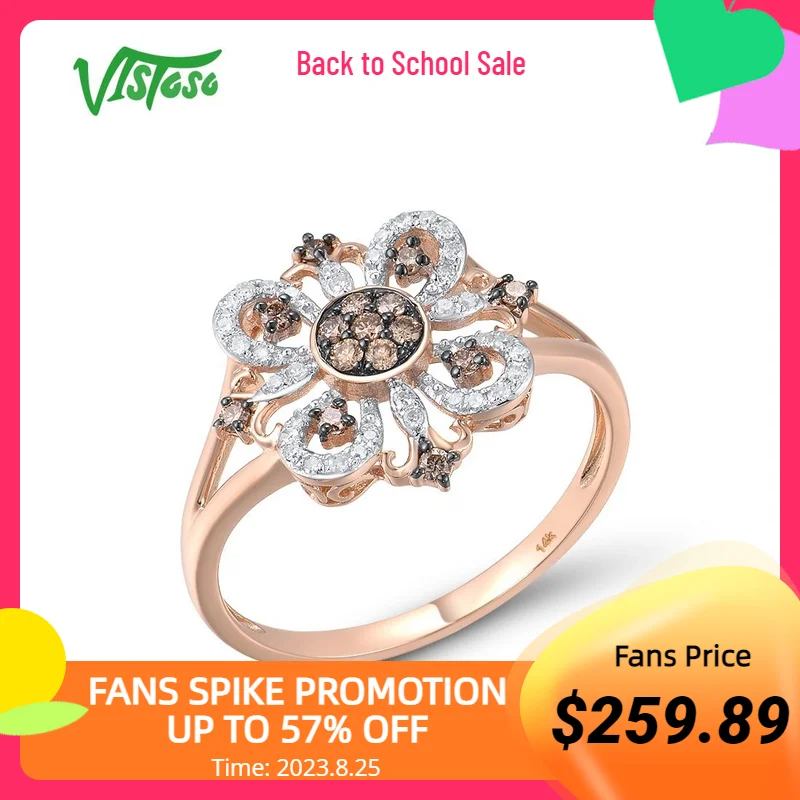 

VISTOSO Genuine 14K 585 Rose Gold Ring For Women Sparkling Diamond Brown Diamond Flower Ring Elegant Wedding Trendy Fine Jewelry