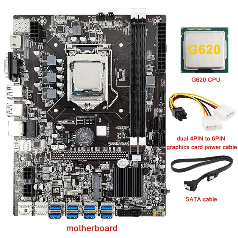 B75 8 Card BTC Mining Motherboard 8X USB3.0(PCIE) LGA1155 DDR3 RAM SATA3.0+G620 CPU+4PIN To 6PIN Power Cable+SATA Cable