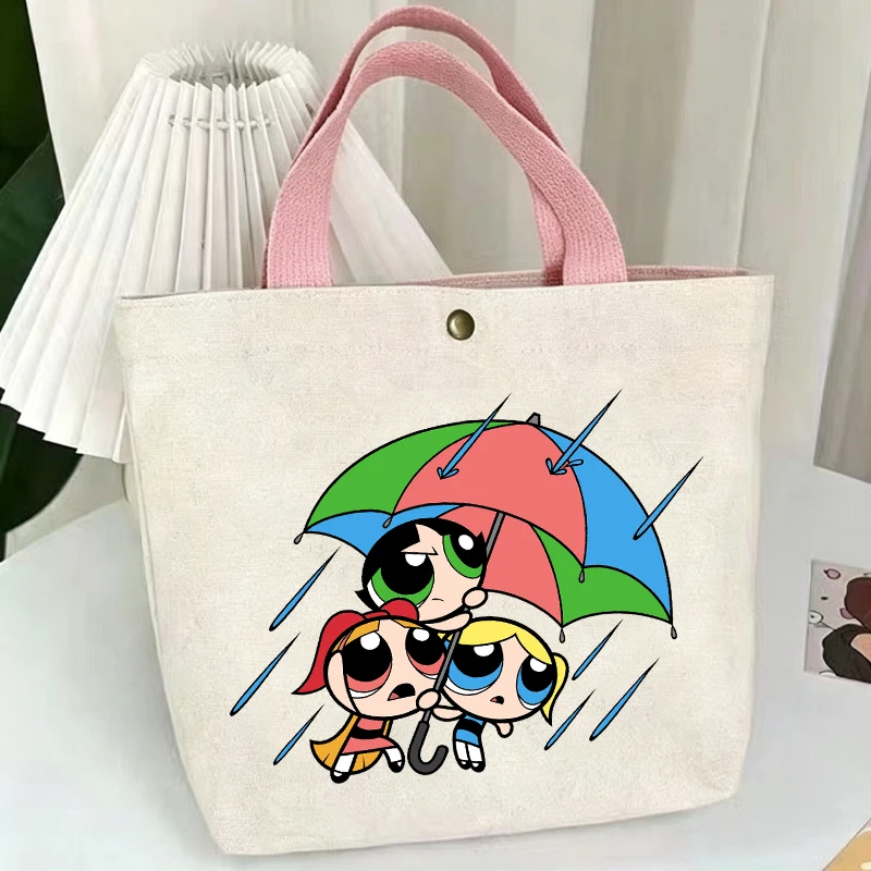 Фото Сумки-тоуты Powerpuff Girls Kawaii Blossom Bubbles Buttercup, женская сумка для путешествий и шопинга, холщовая сумка-мешок, подарок на день рождения для детей №2