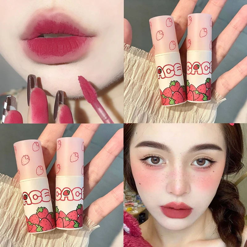 

Lovely Strawberry Matte Lip Mud Velvet Lipstick Makeup Waterproof Long-lasting Smooth Red Lip Tint Pigment Lipgloss Lip Mud Clay