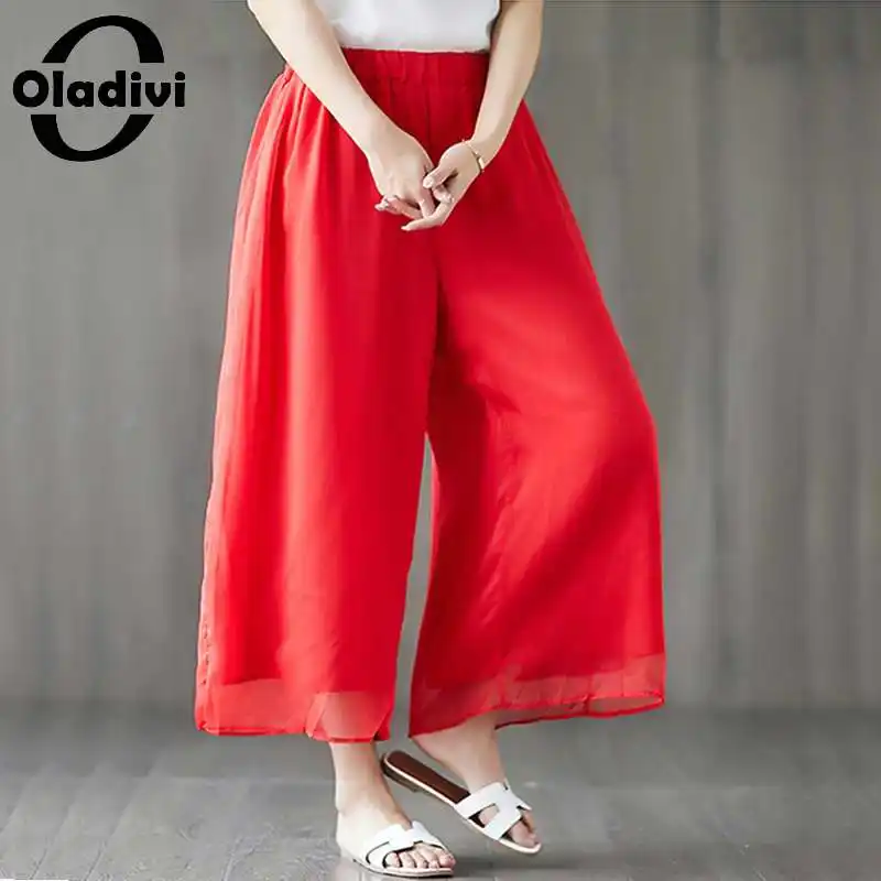 

Oladivi Oversized Wide Leg Straight Pants Women Casual Loose Bottoms Summer Capris Big Leg Solid Trousers Black White Red M-5XL