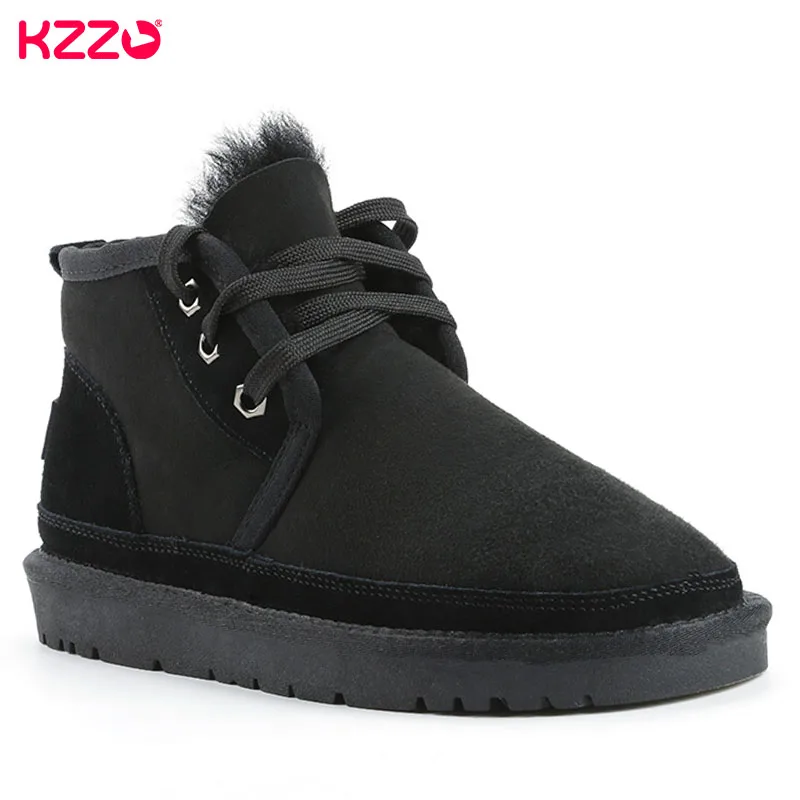 

KZZO New Real Sheepskin Lace-up Ankle Boots For Men Natural Wool Lined Casual Leather Winter Keep Warm Shoes Waterproof Black