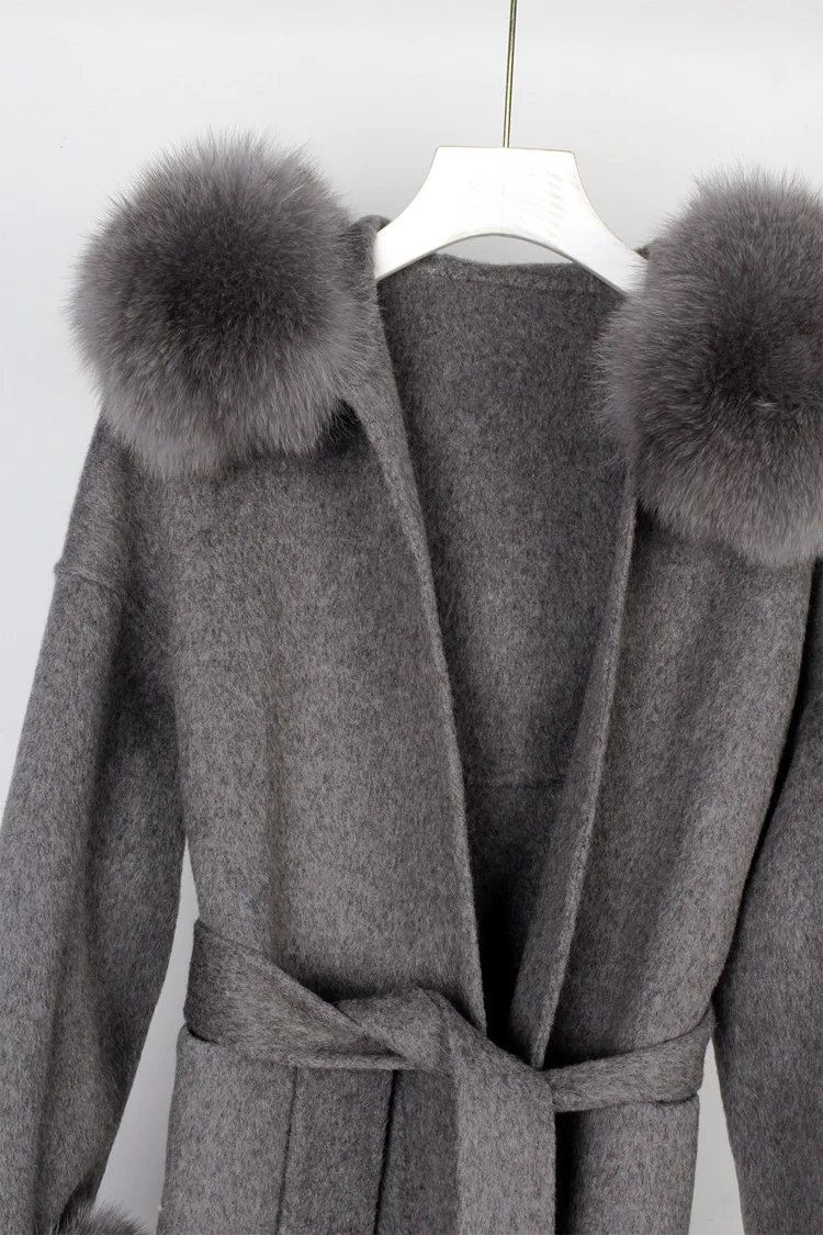 FURYOUME Winter Jacket Women Cashmere Wool Blends Real Fur Coat Natural Fox Fur Trim Hood Streetwear With Belt Outerwear enlarge