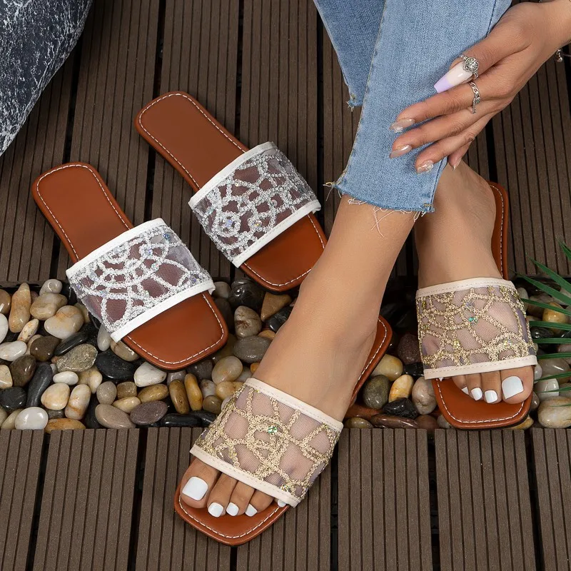 

Slippers Casual Shoes Slipers Women Low Slides Luxury Summer 2023 Flat Rubber Bling Basic PU Fashion Hoof Heels Fabric Slippers
