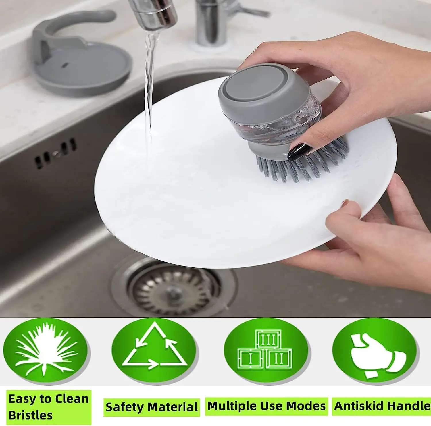 

Kitchen Tool Dish Scrub Brush with Soap Dispenser Holder Dishwashing Removable Cleaning Brushes Scrubber for Dishes Pots Pans