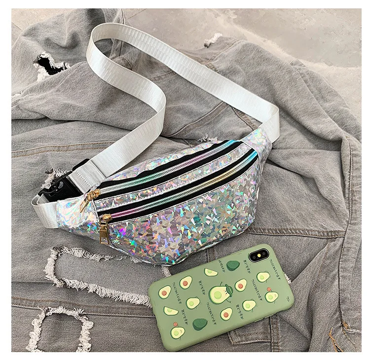 2023 Wholesale Designer Hologram Fanny Pack Sling Chest Bag Belt Hip Bag Casual Cross Body Pouch Waist Bag Silver For Women