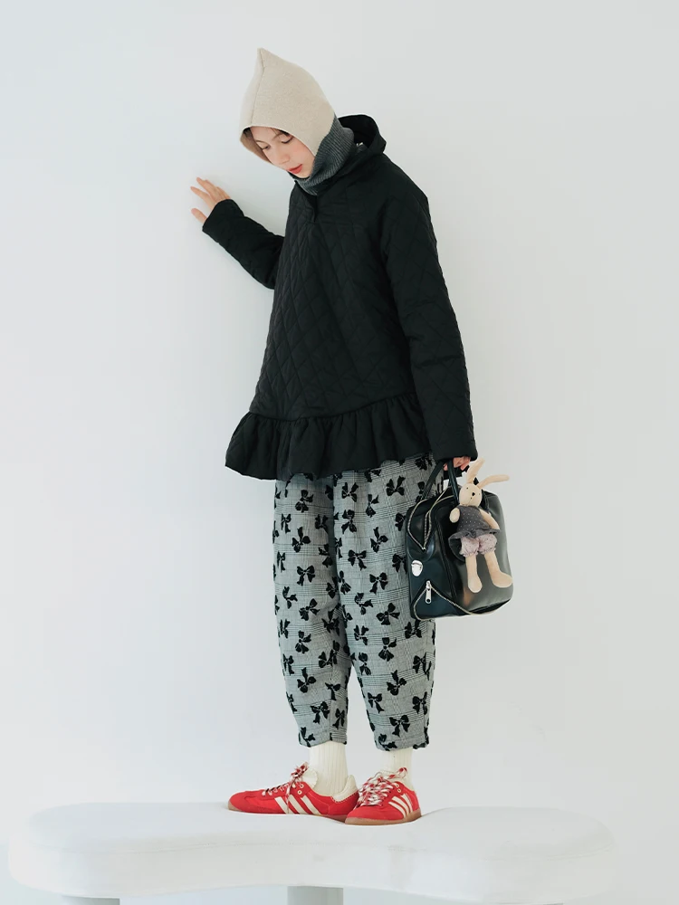 imakokoni original design warm thick coat hooded cotton jacket black casual personality long sleeve top winter women's wear